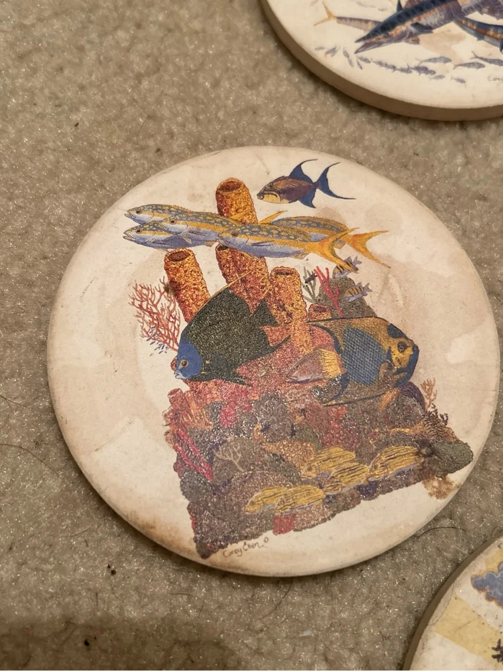 3 pc set Fish Illustration Stone Coaster Set with Wooden Holder - Neutral Tones